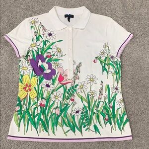 Escada Sport White Knit Colorful Floral Polo Shirt Women’s M See All